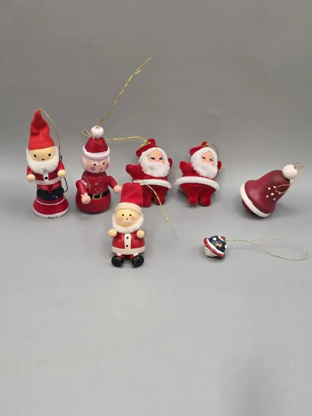 7pc Vintage Santa Christmas Ornaments Miniature Wooden Hand Painted Flocked MCM
